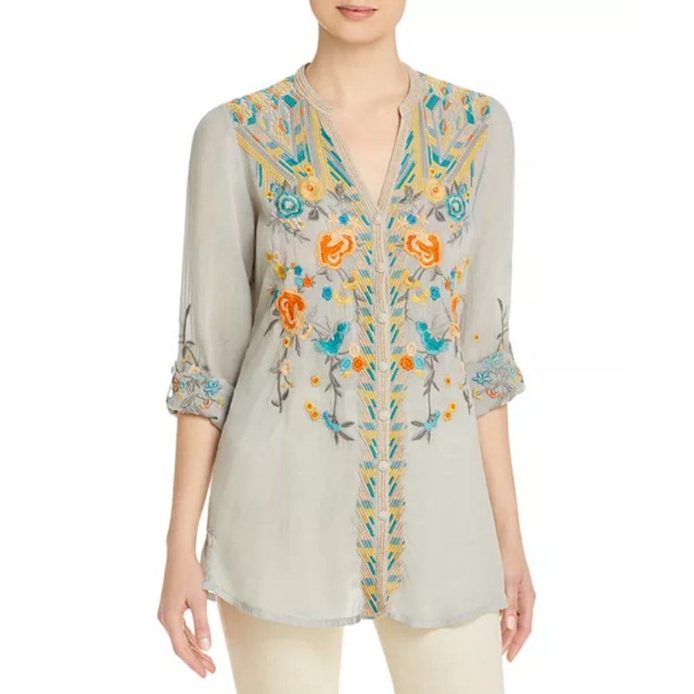 JOHNNY WAS Jazzie Embroidered Tunic Blouse Grey Blue Yellow Orange Small